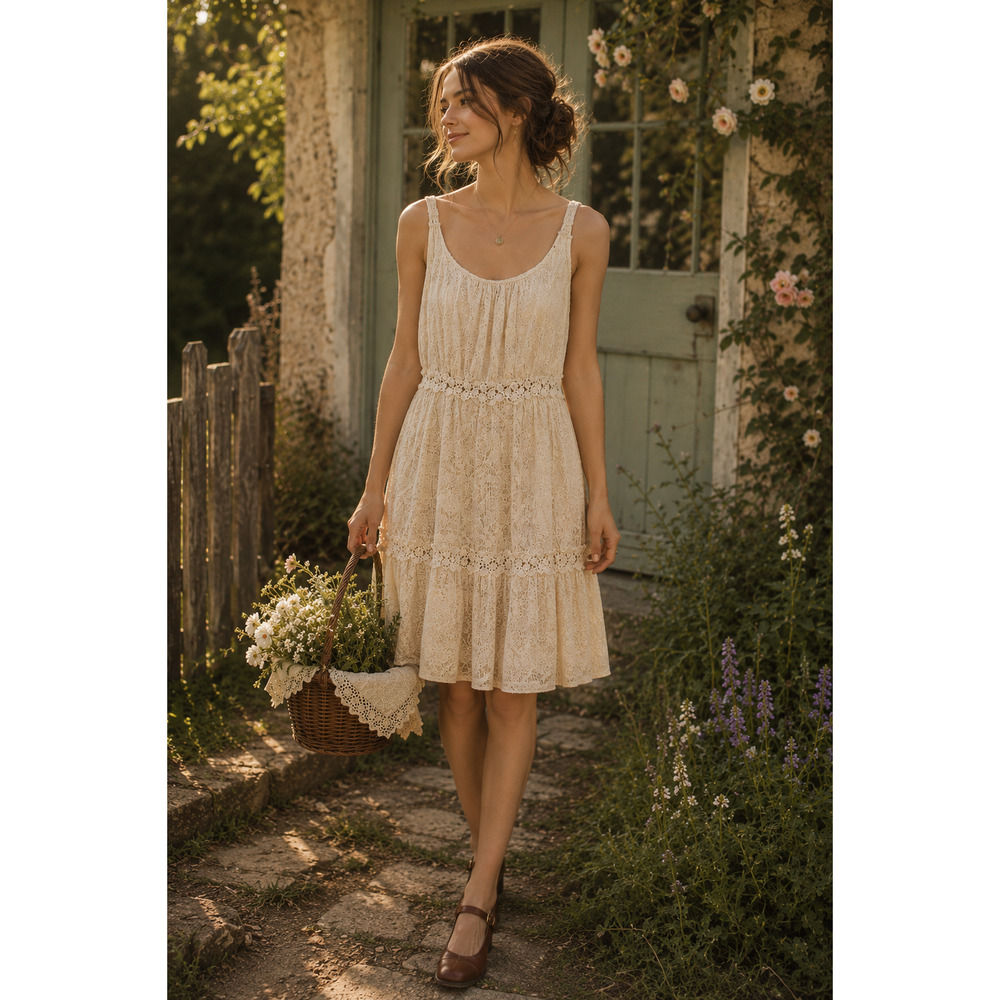 A'reve Cream Crochet Lace Bohemian Cottagecore Peasant Tiered Dress Fairy Core L - Picture 16 of 16